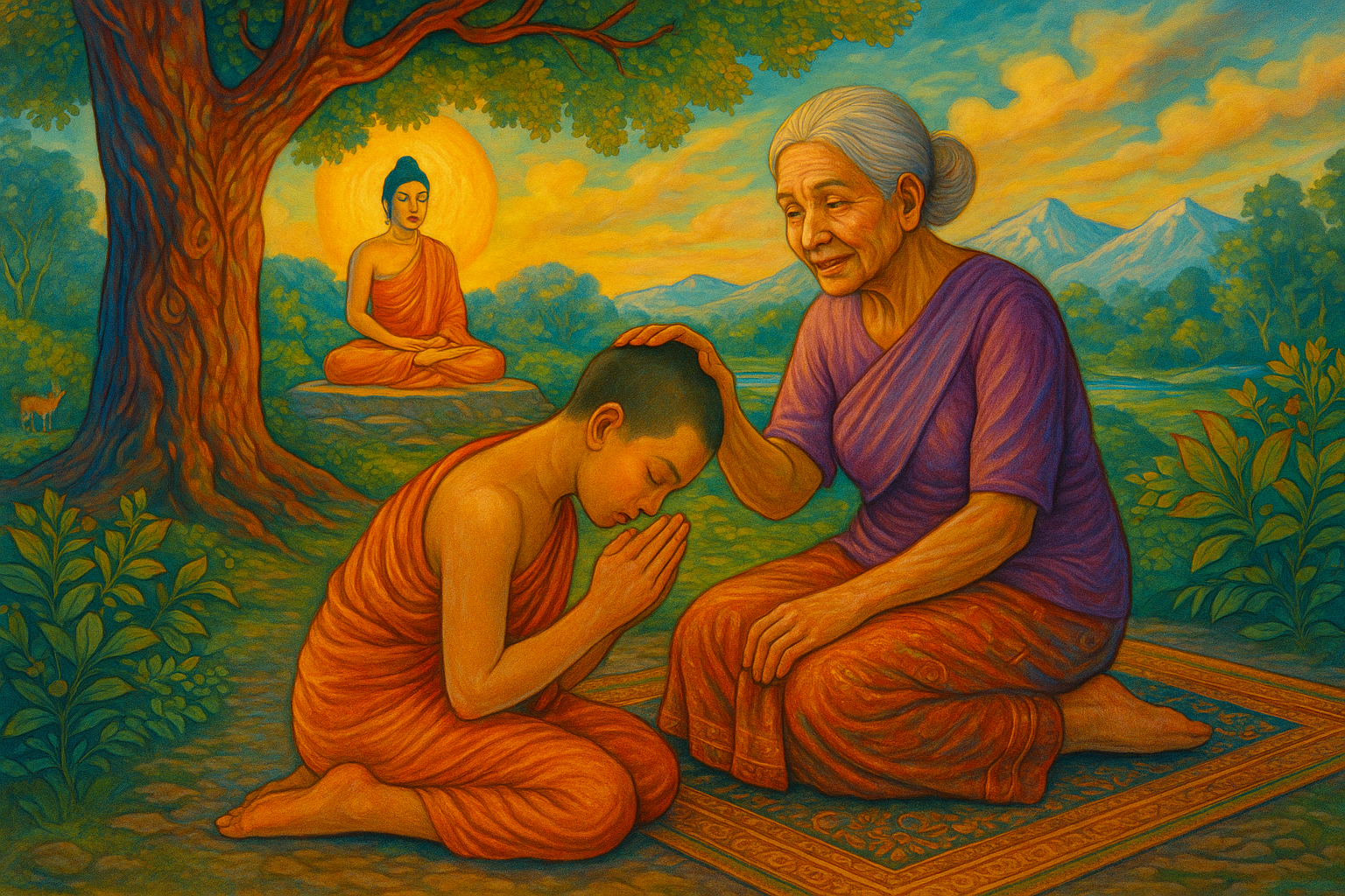 ภาพพระภิกษุกราบคุณแม่ใต้ร่มไม้ ด้วยความเคารพบูชา
