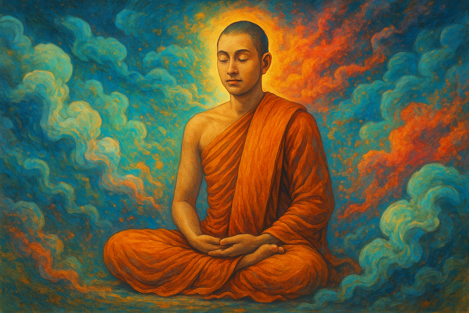 พระภิกษุเจริญอานาปานสติระงับอกุศล ท่ามกลางหมู่เมฆสีสันสดใส