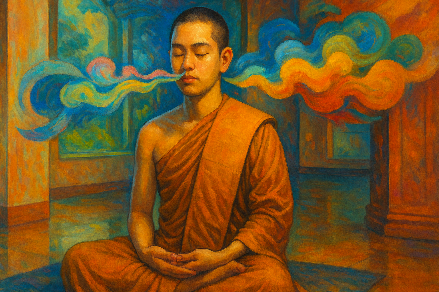 พระภิกษุนั่งสมาธิ ฝึกอานาปานสติ เห็นลมหายใจเป็นกาย