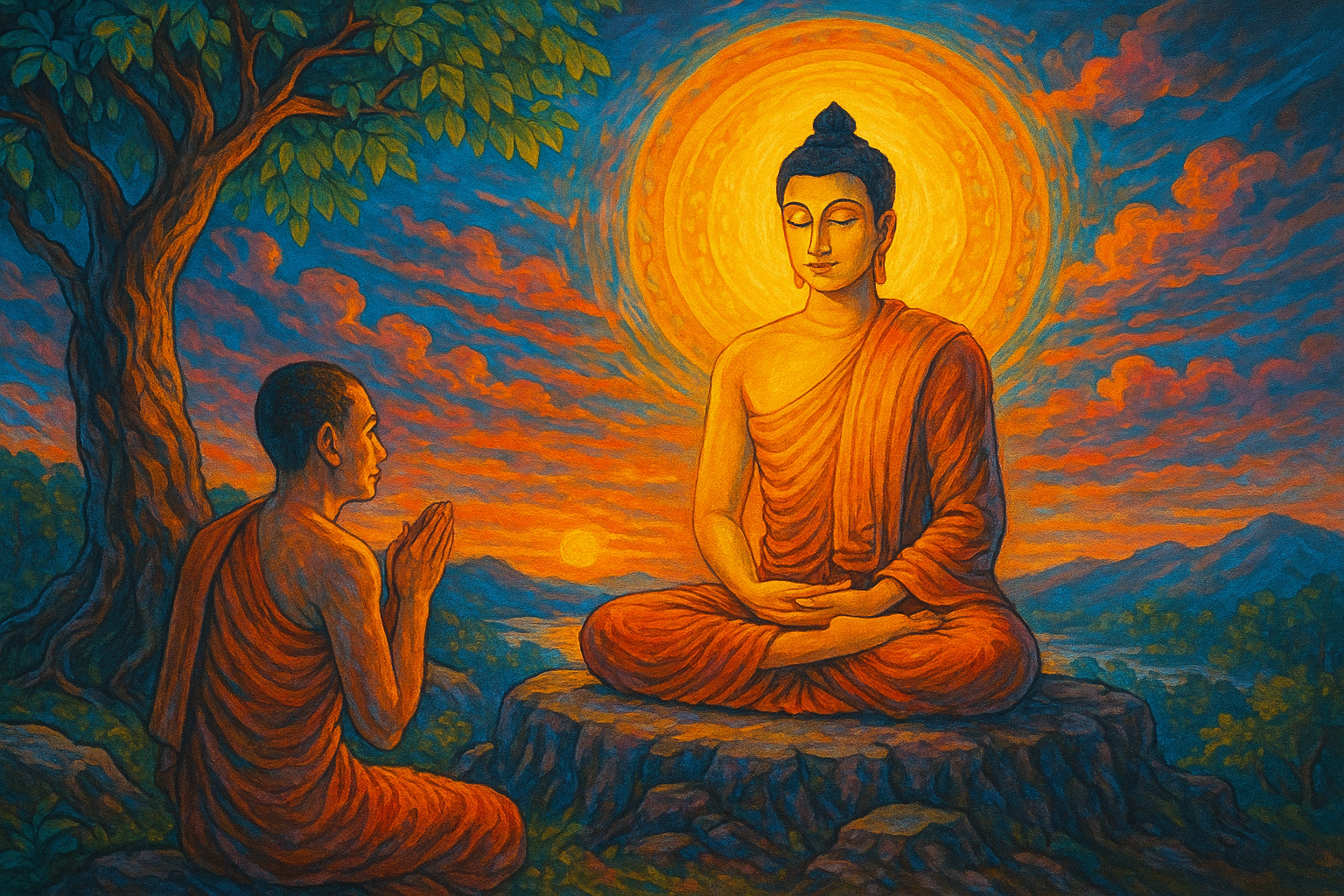 พระพุทธเจ้าทรงประทับเป็นประทีปกลางธรรมชาติ ขณะภิกษุกำลังฟังธรรม ณ ยามอัสดง