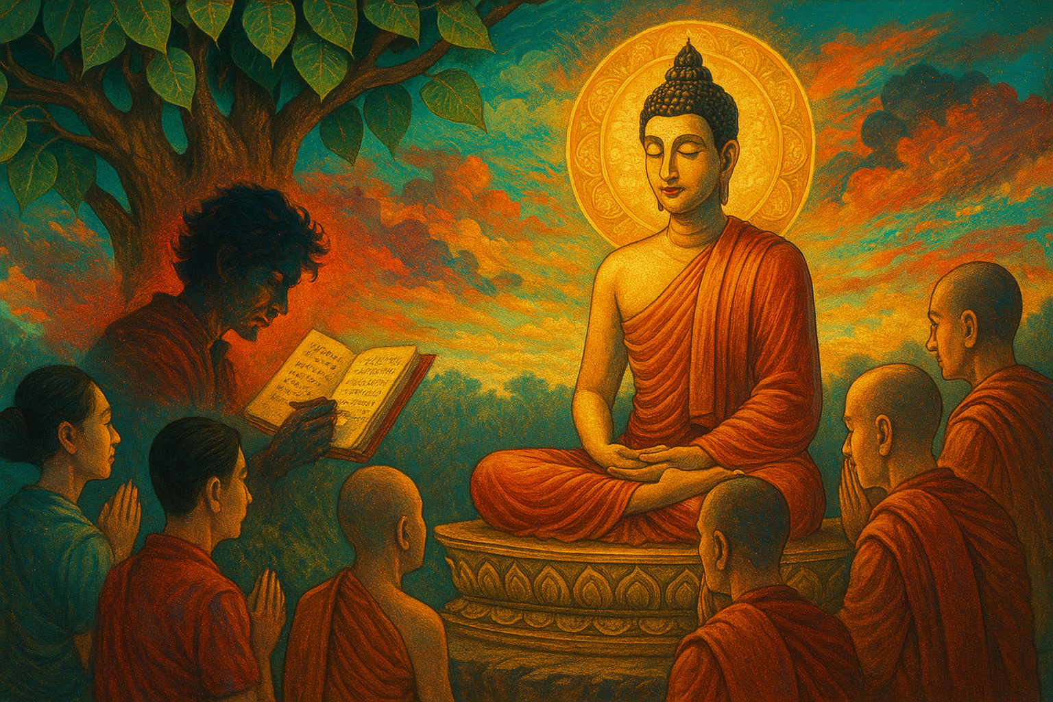 พระพุทธเจ้าทรงแสดงธรรมแก่ภิกษุและฆราวาส ขณะที่กวีคนหนึ่งอ่านคำแต่งขึ้นใหม่ใต้ต้นโพธิ์