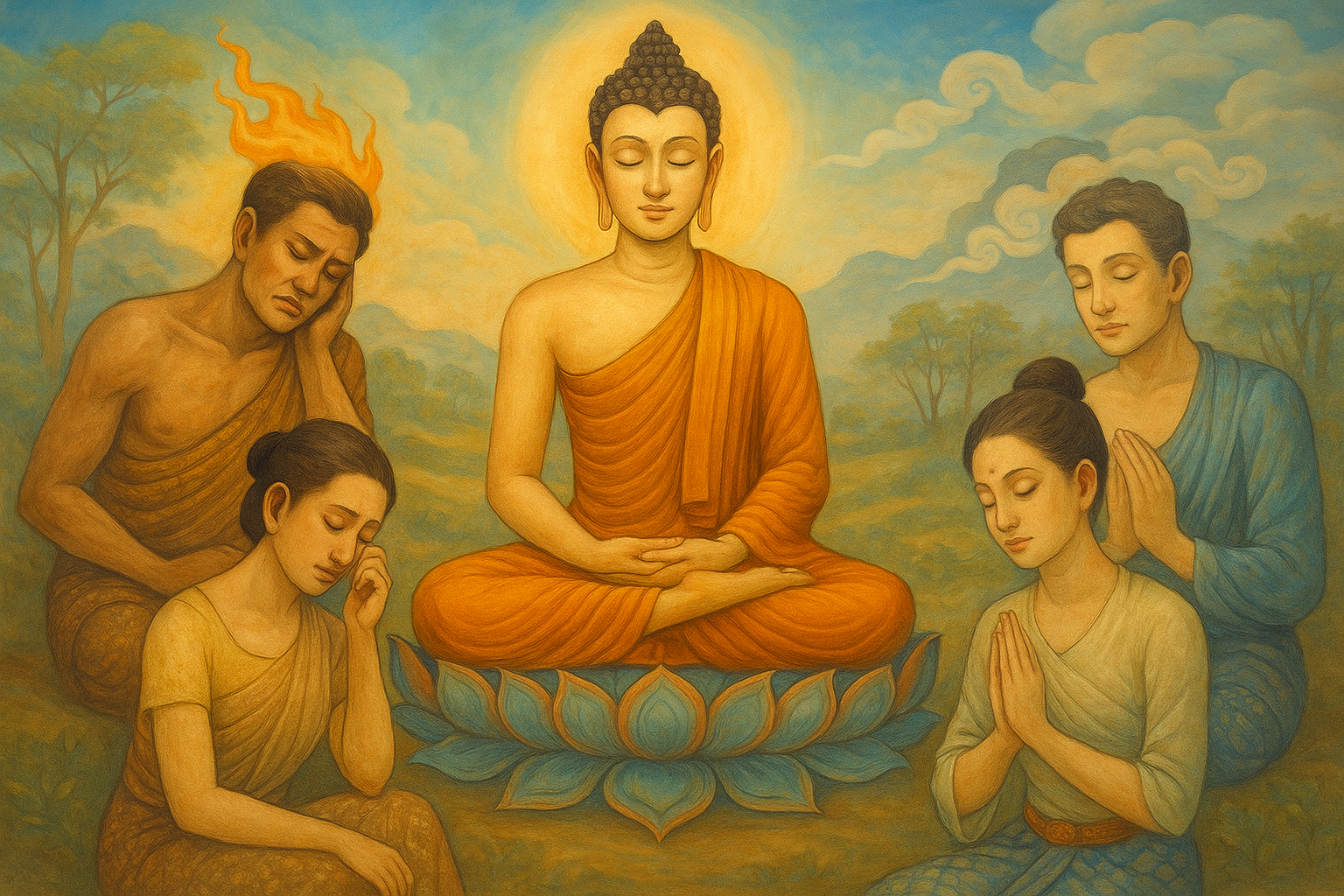 ภาพพระพุทธเจ้าประทับนั่งสมาธิท่ามกลางสาวก แสดงธรรมเรื่องอนิจจัง อนัตตาในขันธ์ห้า