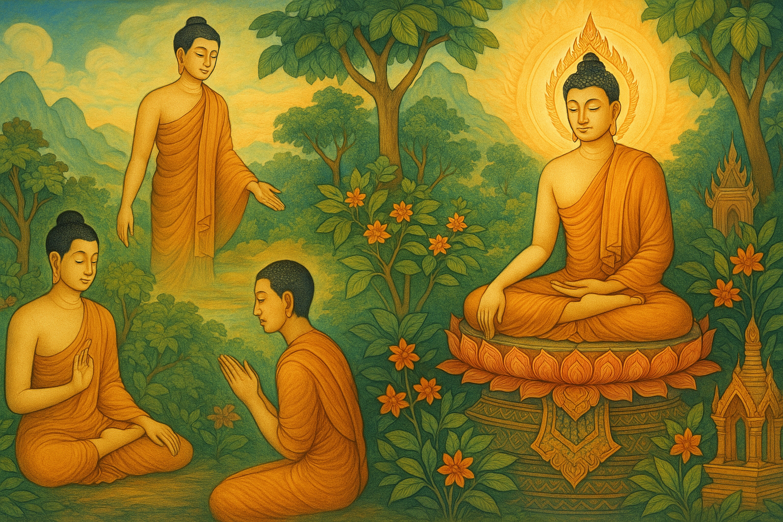 ภาพจิตรกรรมไทยร่วมสมัย พระพุทธเจ้าตรัสธรรมแก่ภิกษุในป่า แสดงความเป็นเอกภาพของถ้อยคำพระพุทธเจ้าไม่ขัดกัน