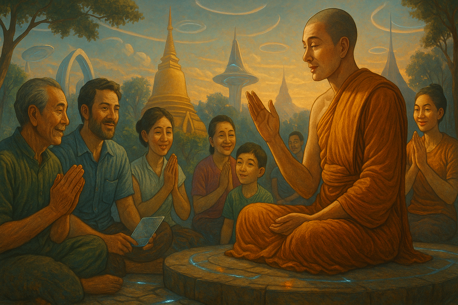 ภาพแสดงพระภิกษุกำลังแสดงธรรมแก่กลุ่มชนหลากหลายวัย ท่ามกลางบรรยากาศสงบ กลุ่มคนฟังมีอาการตั้งใจ บางคนยิ้ม บางคนพนมมือ ในพื้นหลังมีฉากธรรมชาติและเจดีย์แบบไทยสมัยใหม่ ผสมผสานกับองค์ประกอบแบบไซไฟ (เช่น พื้นหินเรืองแสงบางจุด หรือเครื่องสื่อสารโปร่งแสงในมือผู้ฟังบางคน) เพื่อแสดงถึงอนาคตอันกลมกลืนกับจิตใจสงบงามของธรรมะ