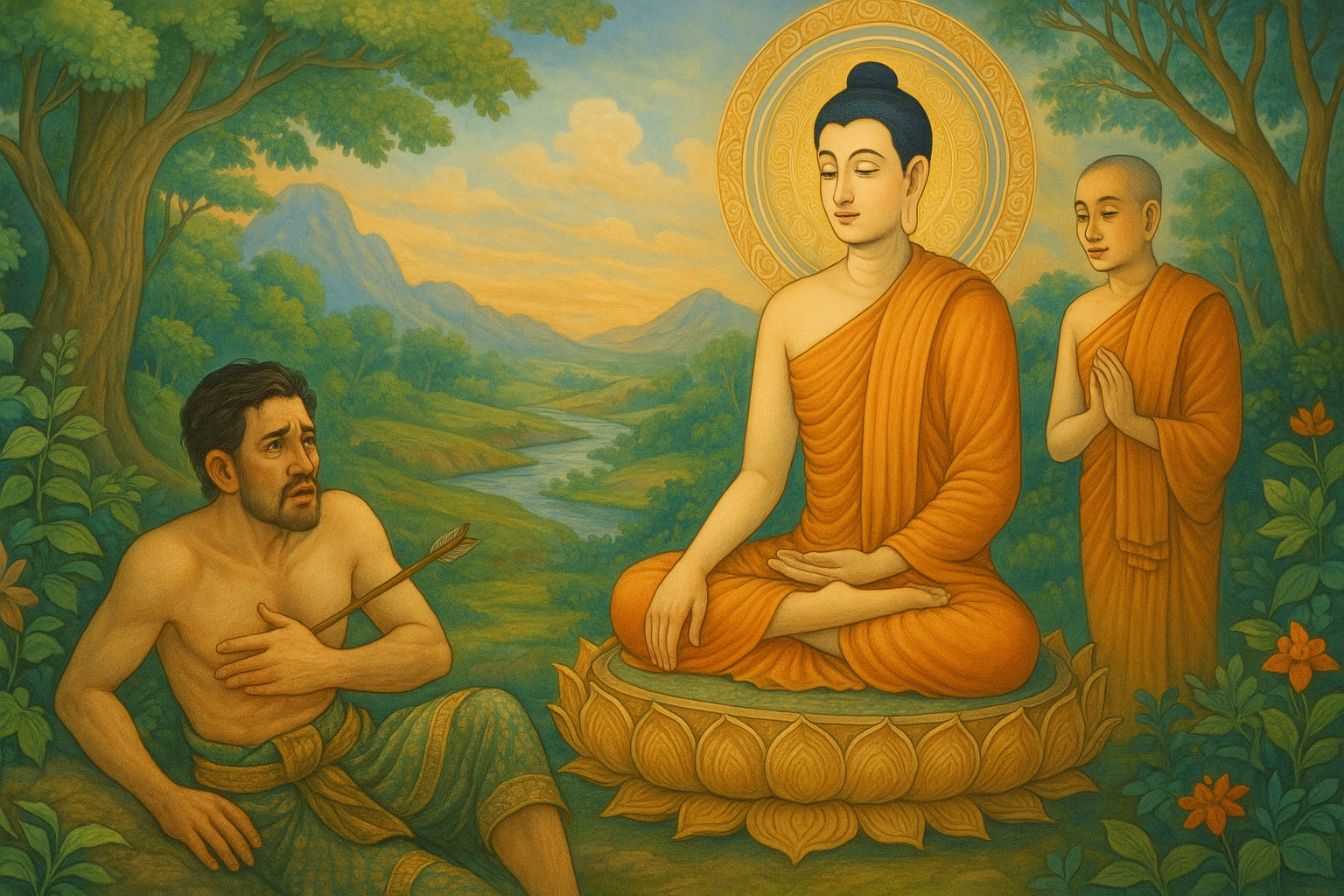 ภาพจิตรกรรมไทยร่วมสมัย แสดงพระพุทธเจ้าประทับนั่งสอนเรื่องทุกข์และอริยสัจสี่ พร้อมบุรุษถูกลูกศรอาบยาพิษเป็นอุปมา