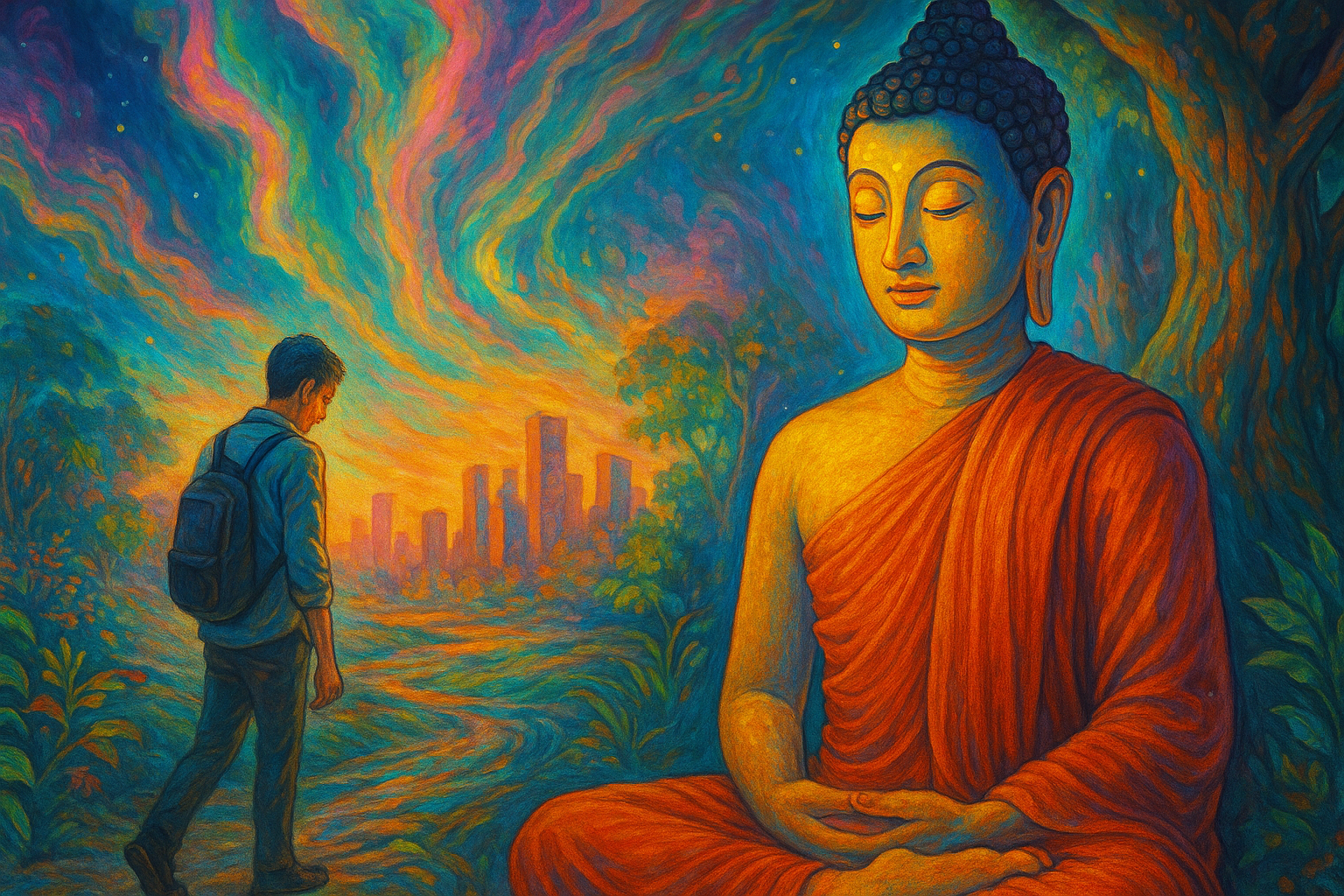 ภาพจิตรกรรมไทยร่วมสมัย แสดงพระพุทธเจ้าสงบใจและชายหนุ่มละวางโลกีย์