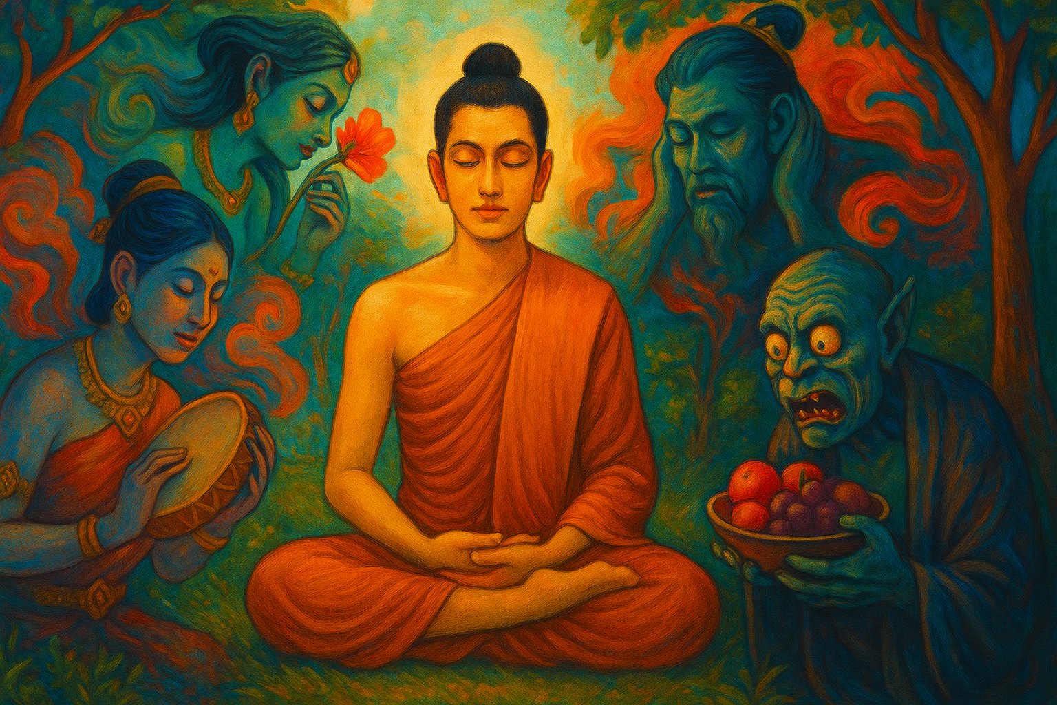ภาพจิตรกรรมพระภิกษุนั่งสมาธิท่ามกลางสิ่งยั่วยวนจากผัสสะทั้งห้า