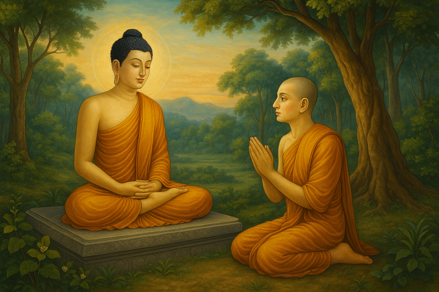 ภาพพระพุทธเจ้าสนทนากับพระอานนท์ในป่า แสดงถึงกัลยาณมิตรในพุทธวจน