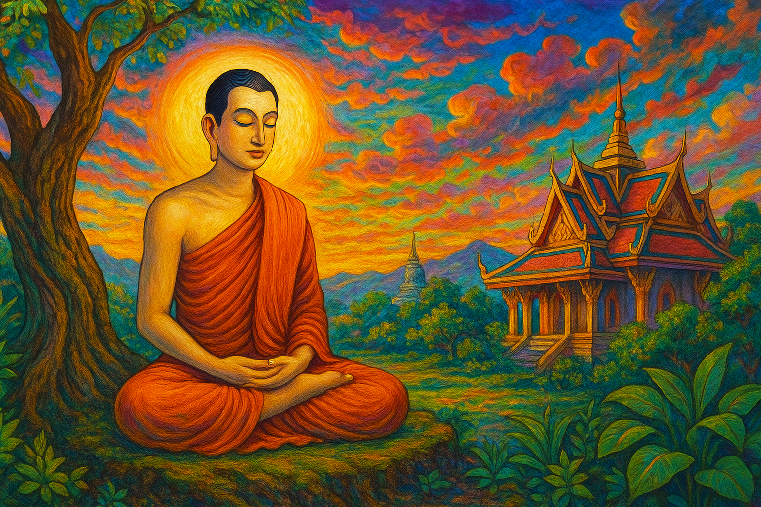 พระภิกษุเจริญอานาปานสติใต้ร่มไม้ ใกล้ศาลาวัด ท่ามกลางบรรยากาศยามเย็นสีสันงดงาม