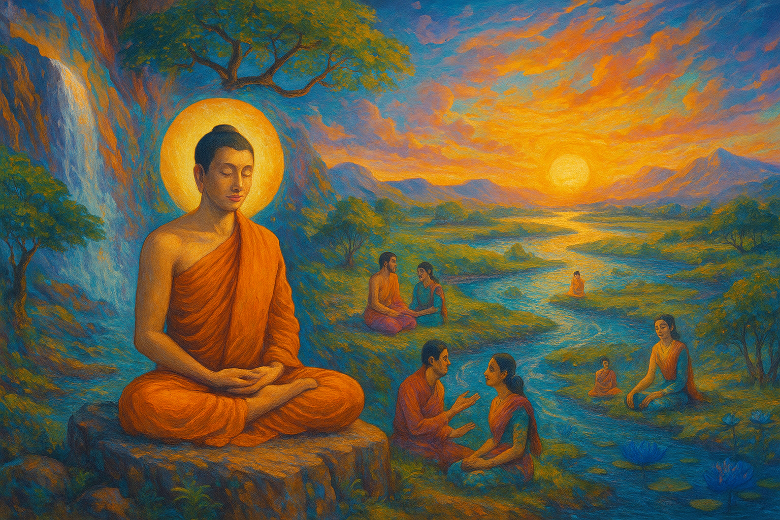 พระภิกษุนั่งสมาธิใต้ต้นไม้ ท่ามกลางธรรมชาติและการสนทนาธรรมในยามเย็น