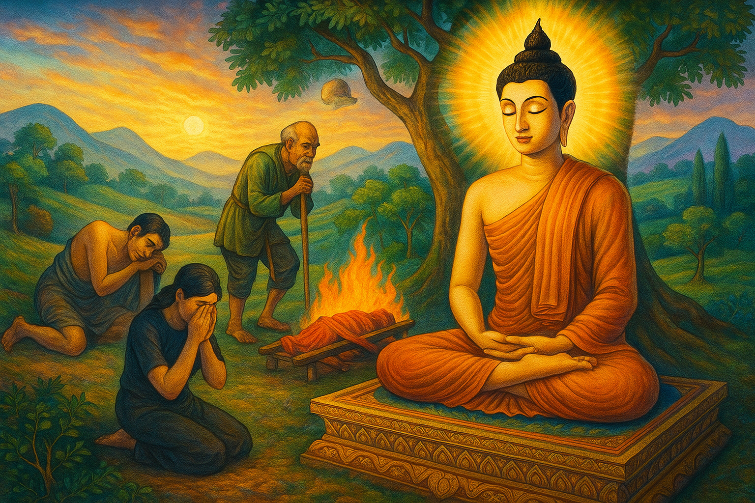 ภาพจิตรกรรมไทยประยุกต์สมัยปัจจุบัน แสดงพระพุทธเจ้าประทับนั่งสมาธิใต้ต้นไม้ แผ่รัศมี พร้อมฉากแทนความจริงของอริยสัจ 4