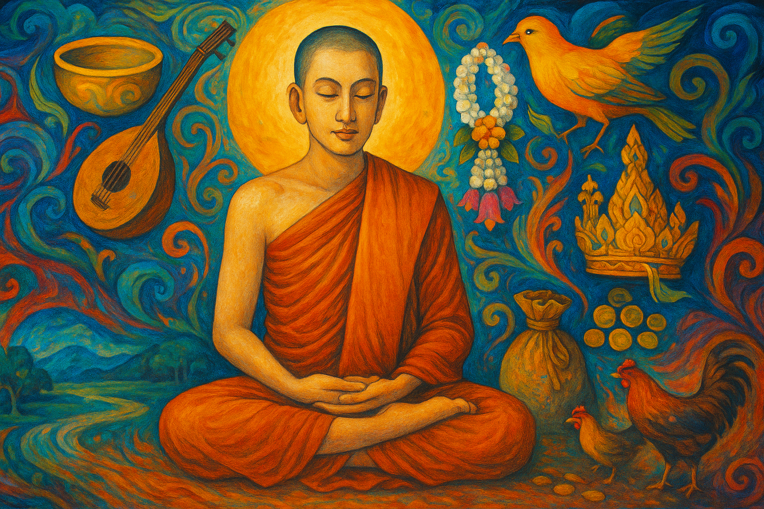 ภิกษุกำลังนั่งสมาธิ ท่ามกลางสิ่งเร้าที่ปุถุชนพึงเว้นในพระธรรมวินัย