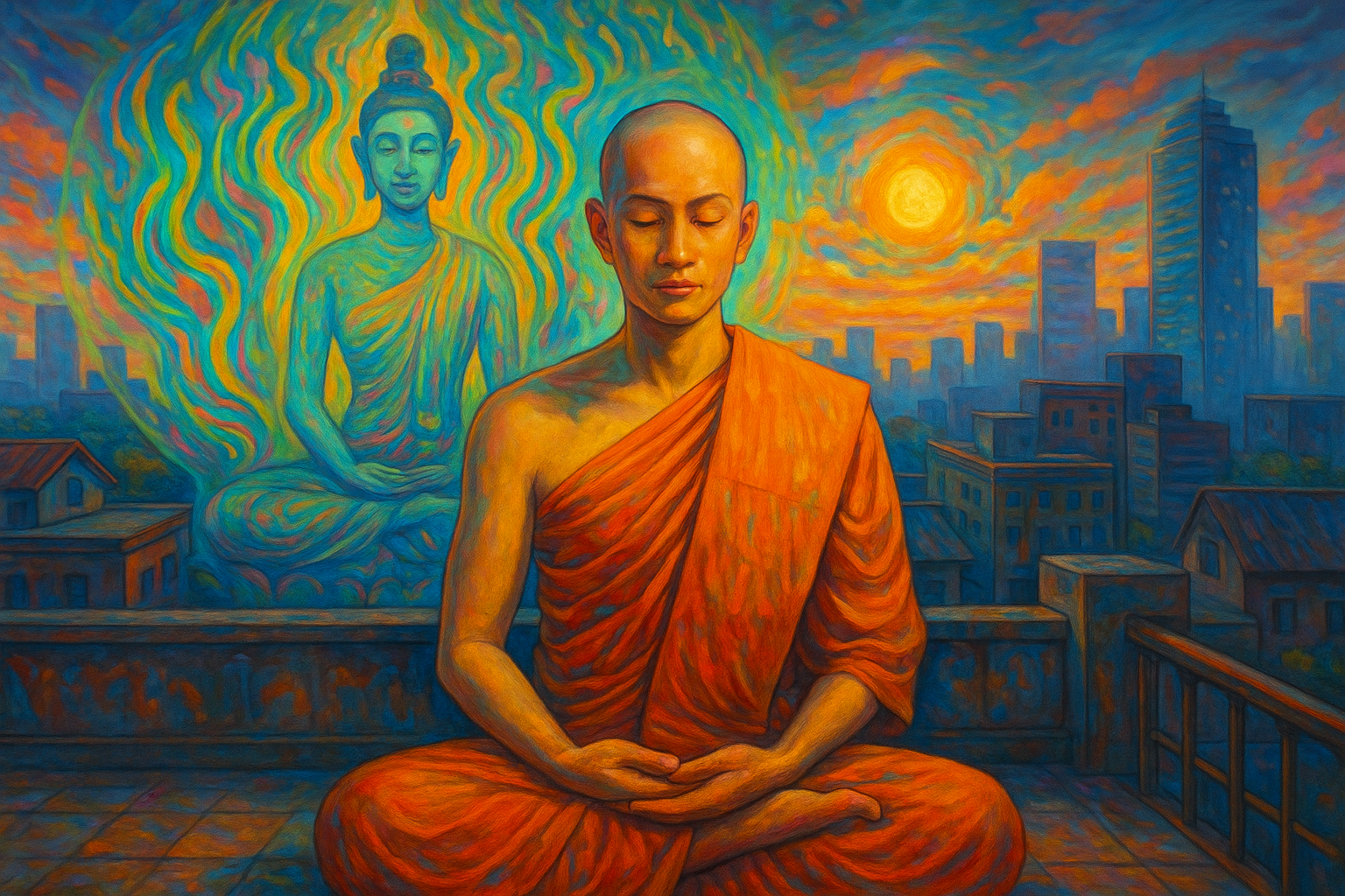 พระภิกษุนั่งสมาธิกลางเมือง พร้อมพุทธะปรากฏด้านหลัง สื่อถึงสมถะและวิปัสสนา