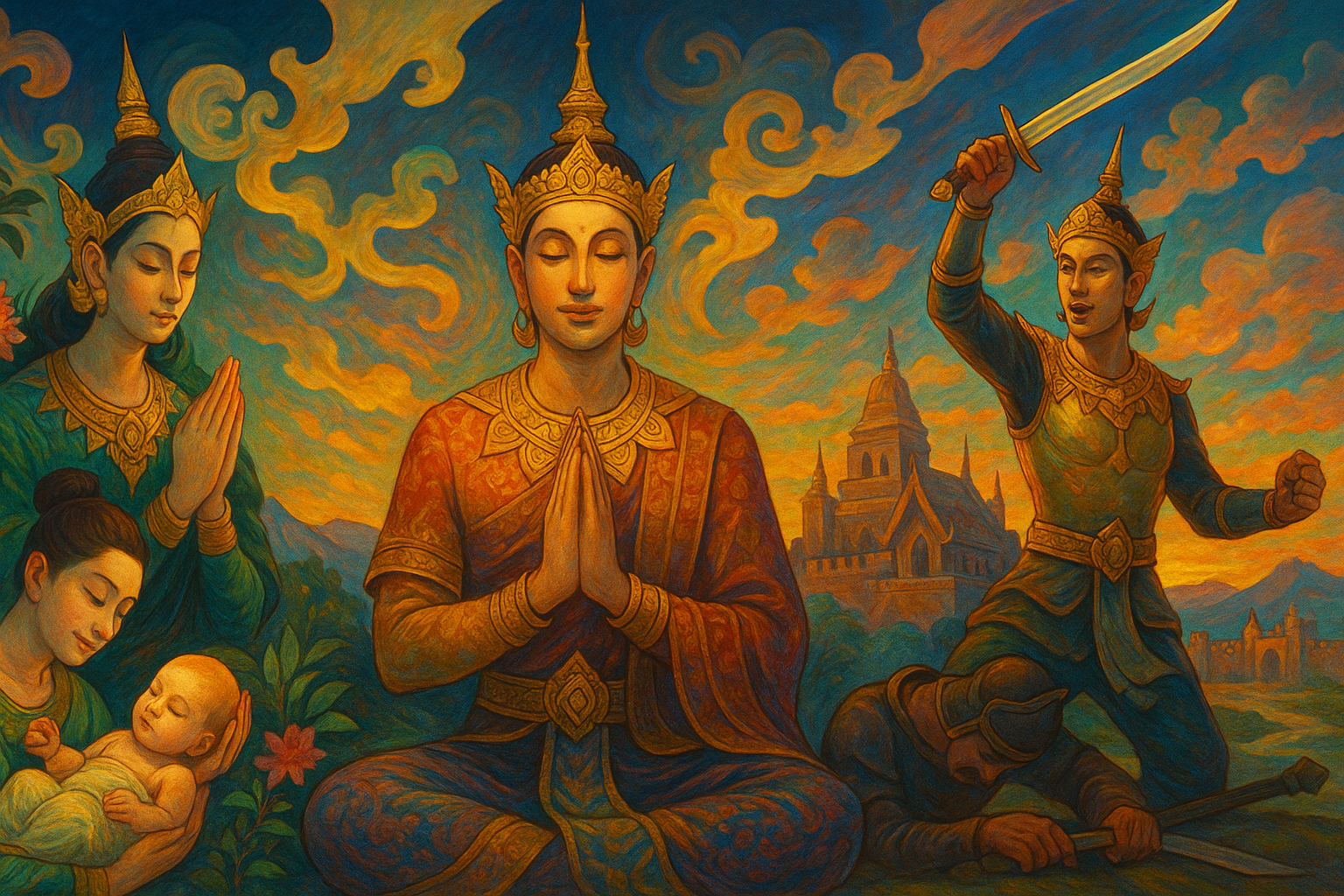 ภาพจิตรกรรมไทยประยุกต์แสดงสามช่วงสำคัญในชีวิตพระราชา ได้แก่ การประสูติ การครองราชย์ และชัยชนะ
