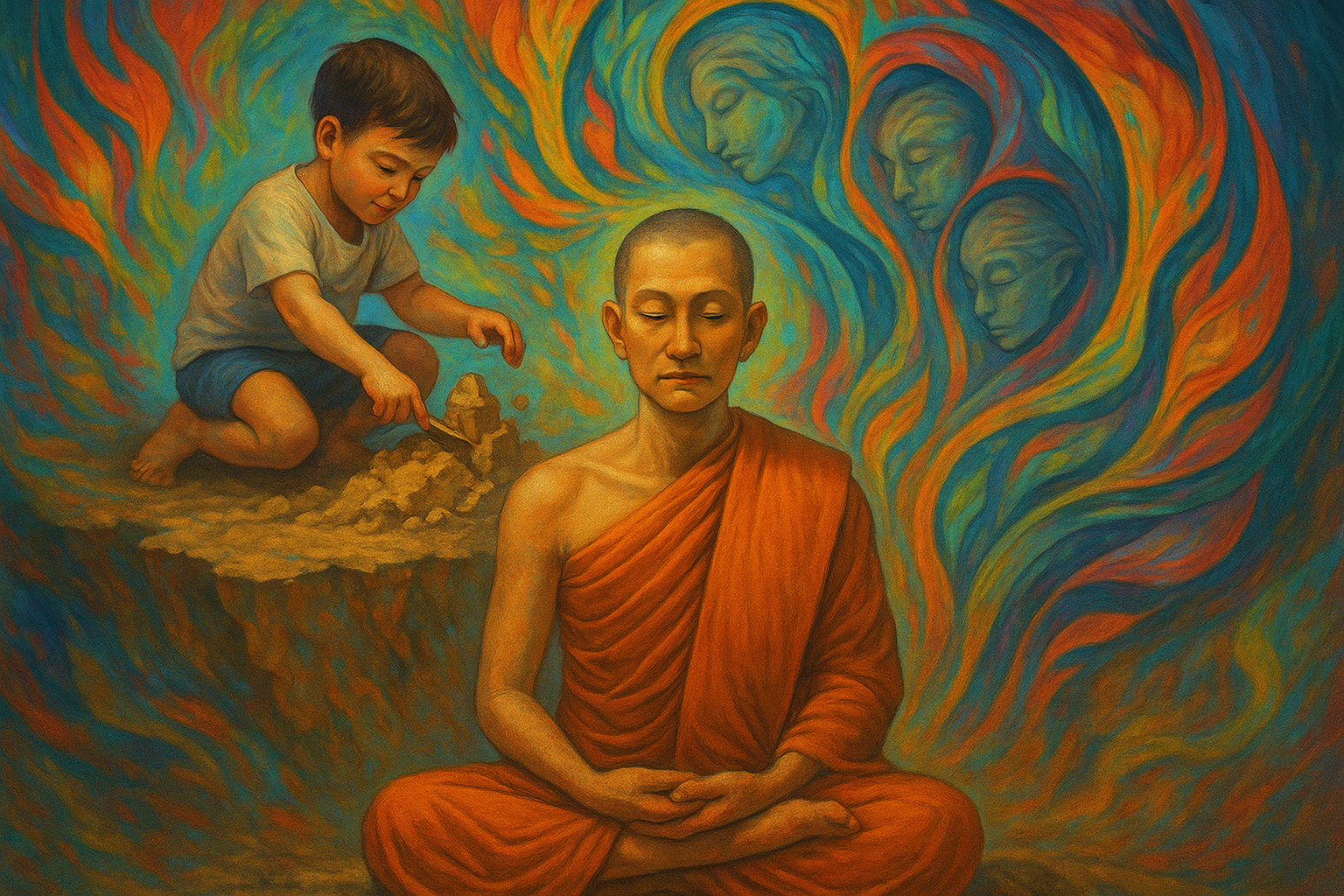 ภาพเปรียบเทียบพระภิกษุผู้สงบกับเด็กชายที่กำลังทำลายปราสาทดิน แสดงถึงการสิ้นตัณหาและปล่อยวางขันธ์ห้า