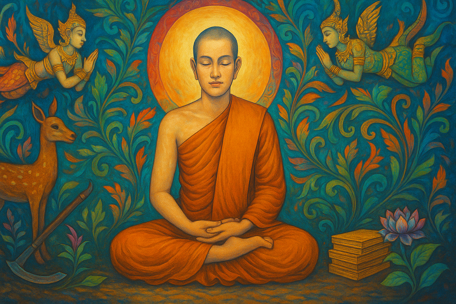 พระภิกษุนั่งสมาธิท่ามกลางธรรมชาติและสัญลักษณ์แห่งศีลในพระธรรมวินัย