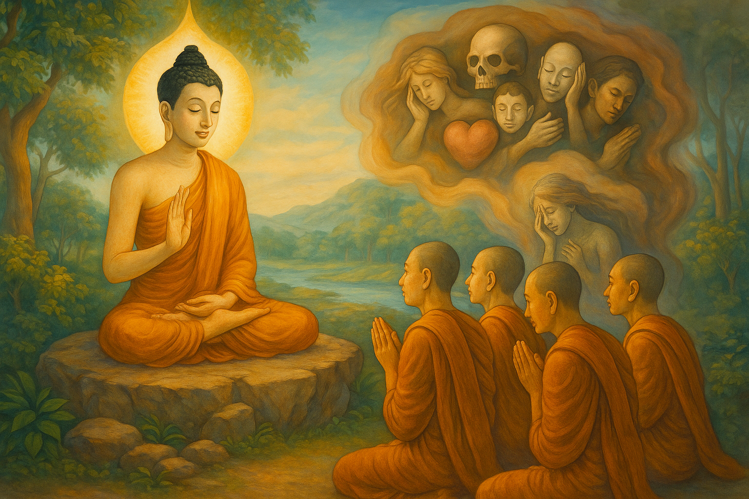 พระพุทธเจ้าทรงแสดงธรรมเรื่องขันธ์ห้าเป็นทุกข์แก่ภิกษุ สื่อถึงอริยสัจ ๔ อย่างลึกซึ้ง