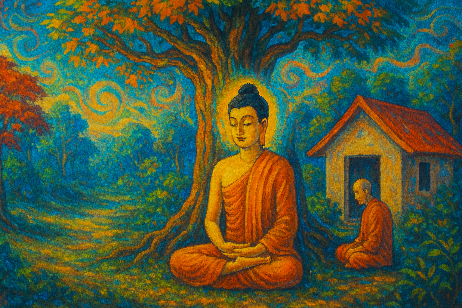 ภาพจิตรกรรมพระพุทธเจ้าประทับใต้ต้นไม้ใหญ่ หน้าวัดว่าง พร้อมพระภิกษุกำลังเพียรภาวนา