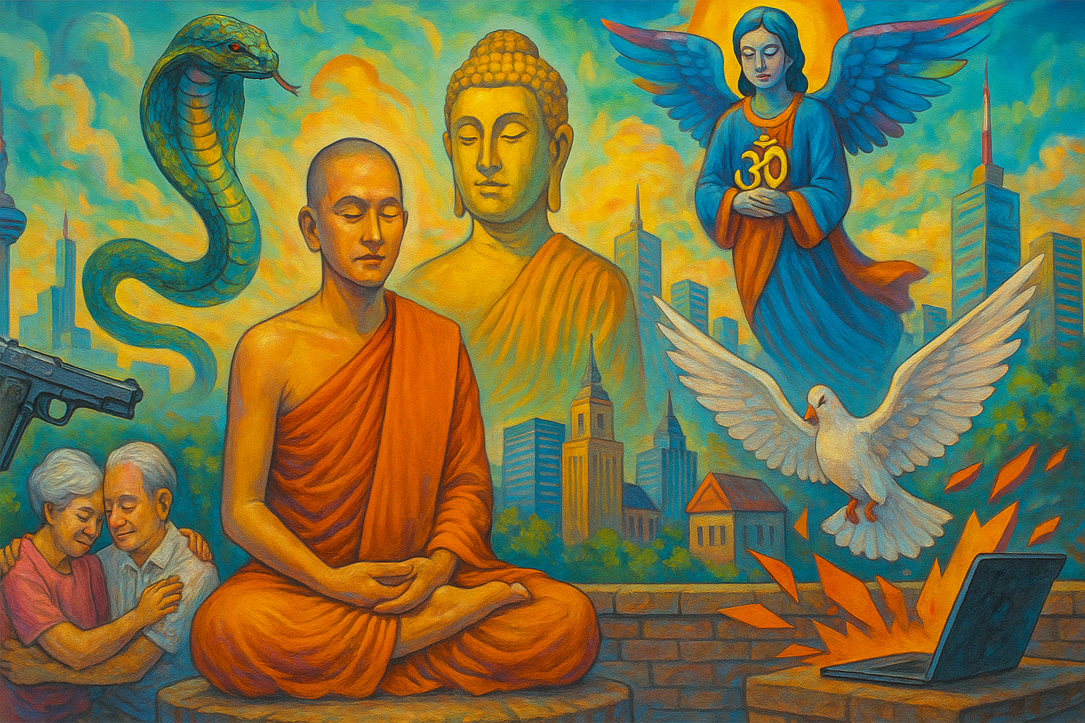 พระภิกษุนั่งสมาธิในเมืองล้อมด้วยสัญลักษณ์แห่งศีลธรรมและความเป็นไปไม่ได้ 6 ประการ