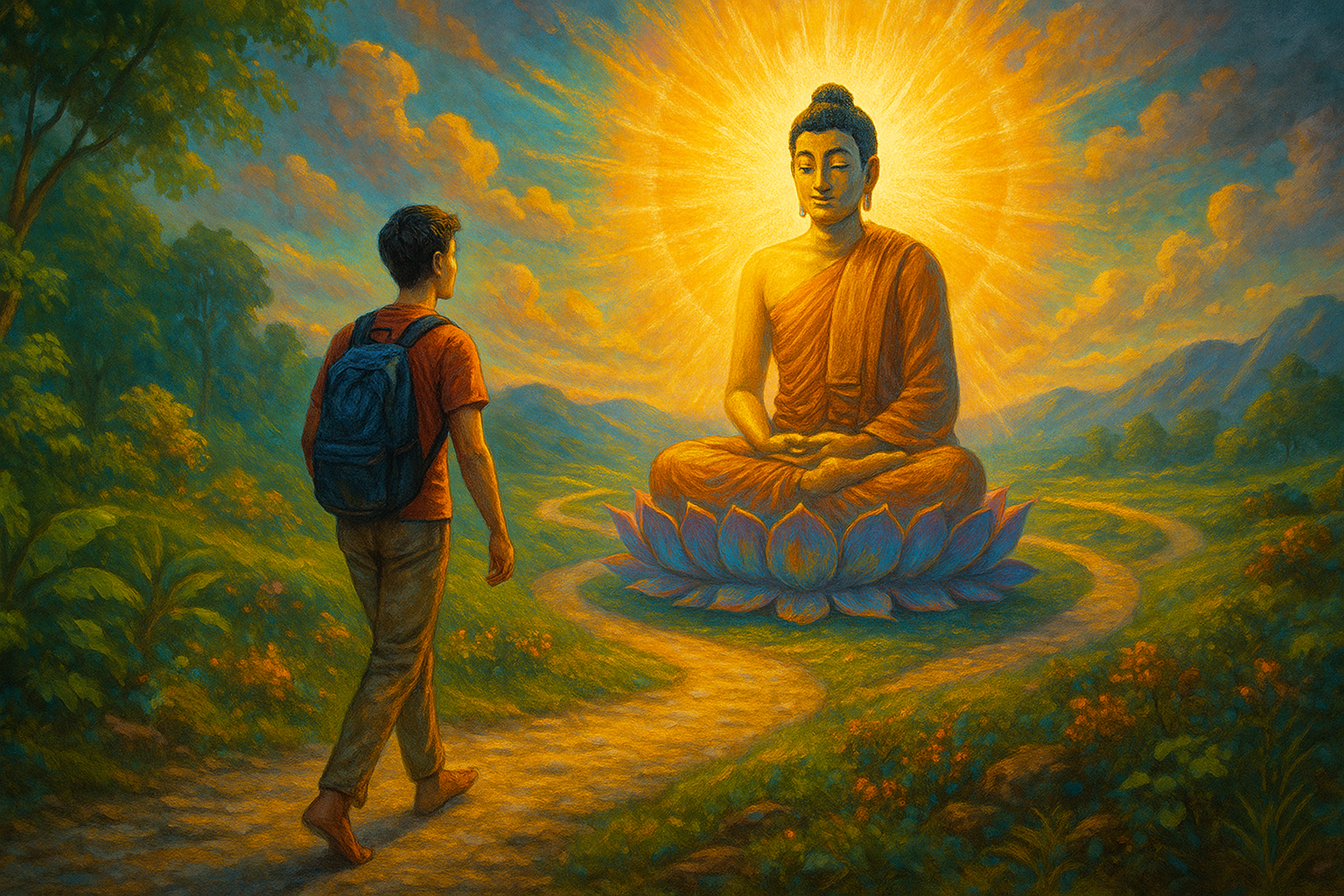 ชายหนุ่มเดินเท้าเปล่าบนทางสายกลางสู่องค์พระพุทธเจ้า