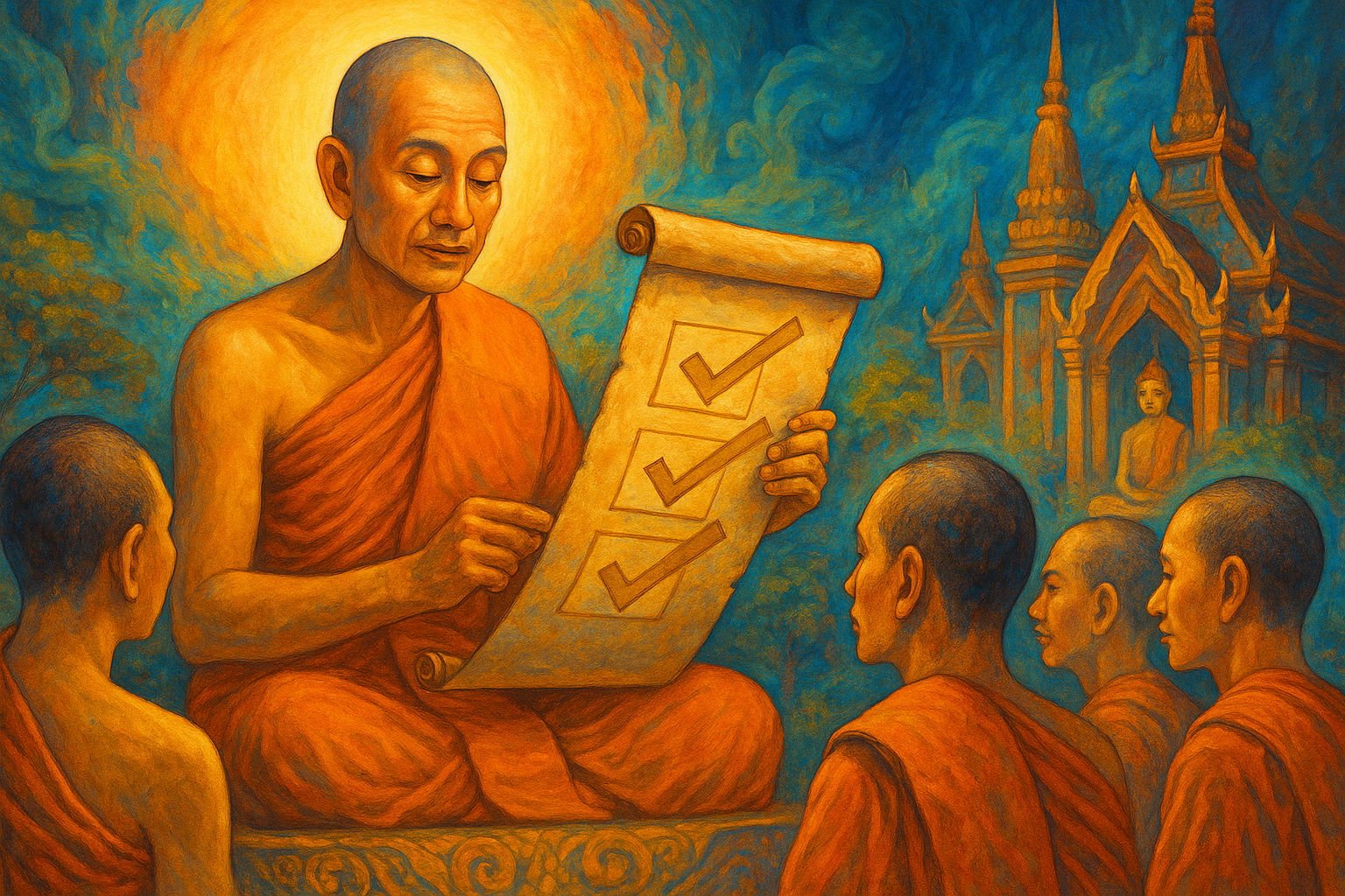 พระภิกษุกำลังตรวจสอบคำสอนตามหลักตัดสินธรรมวินัย 4 ประการในวัดไทย
